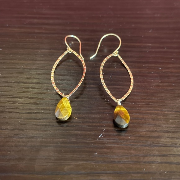14K Gold Tear Drop Tigereye Stone Earrings - Picture 2 of 5
